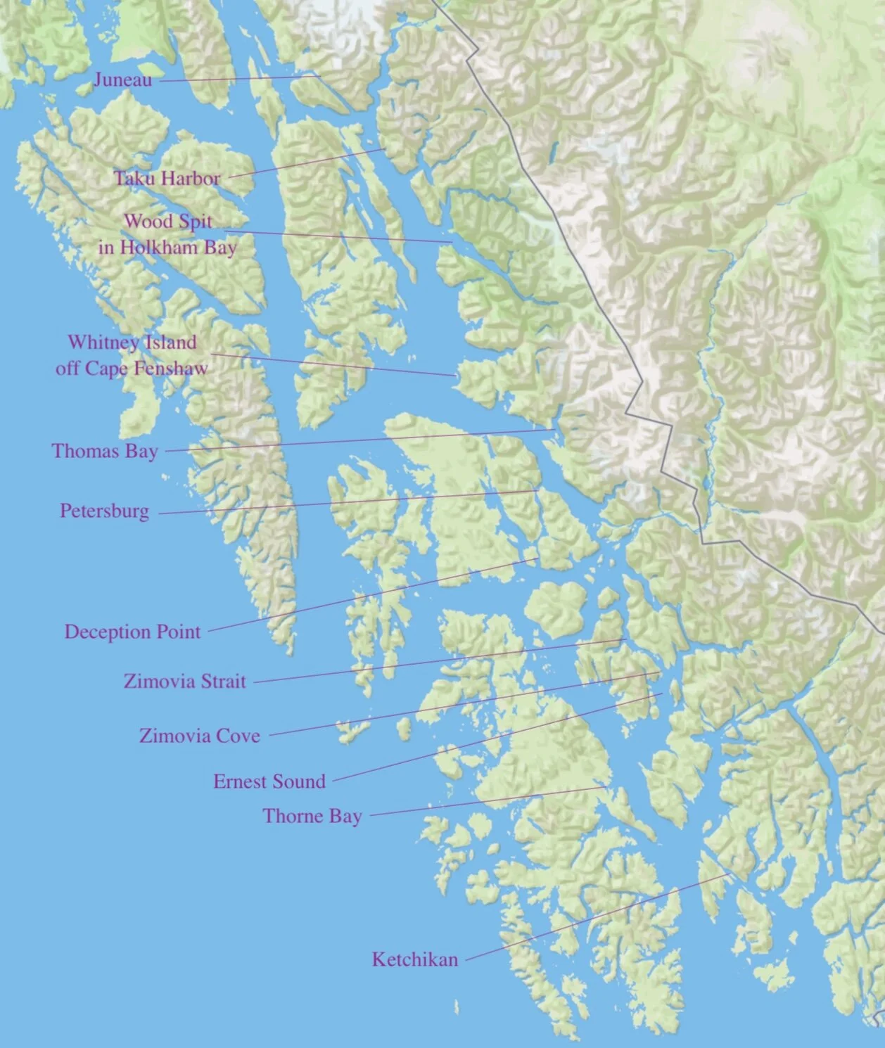 Route Map from Ketchikan to Juneau.  About 320 miles