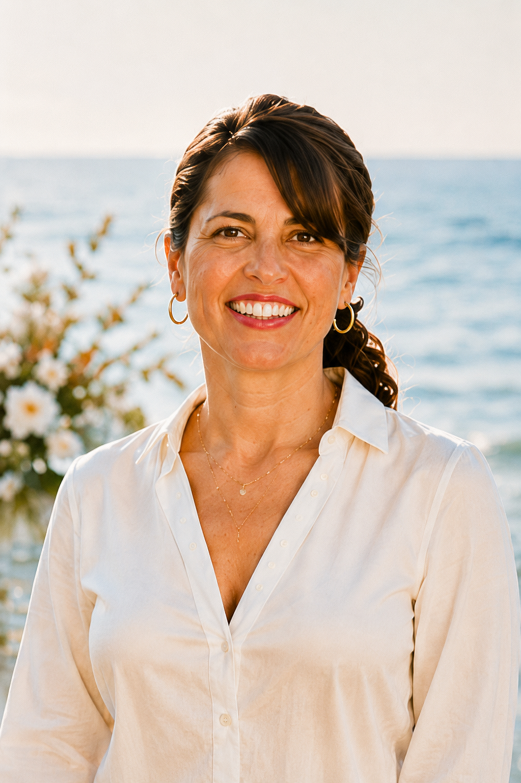 A woman smiling outdoors near the water, with flowers in the background.