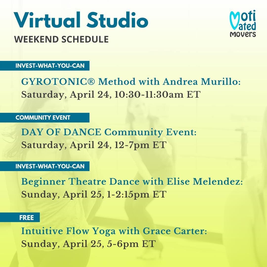 Prepare to invite some creative movement into this very special weekend. Along with our normal weekend schedule, we'll be celebrating Day of Dance on Saturday. We've come up with a dance-a-thon style experience filled with different classes, performa