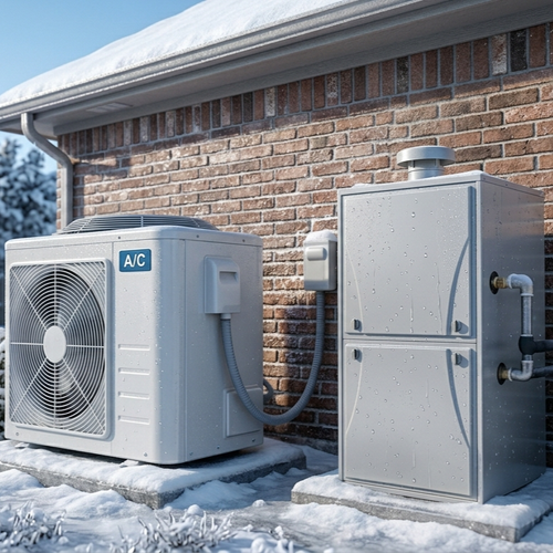 snow covered heat pump next to house in winter