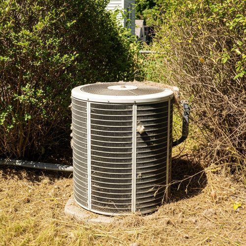 frozen heat pump outdoor unit buried in snow