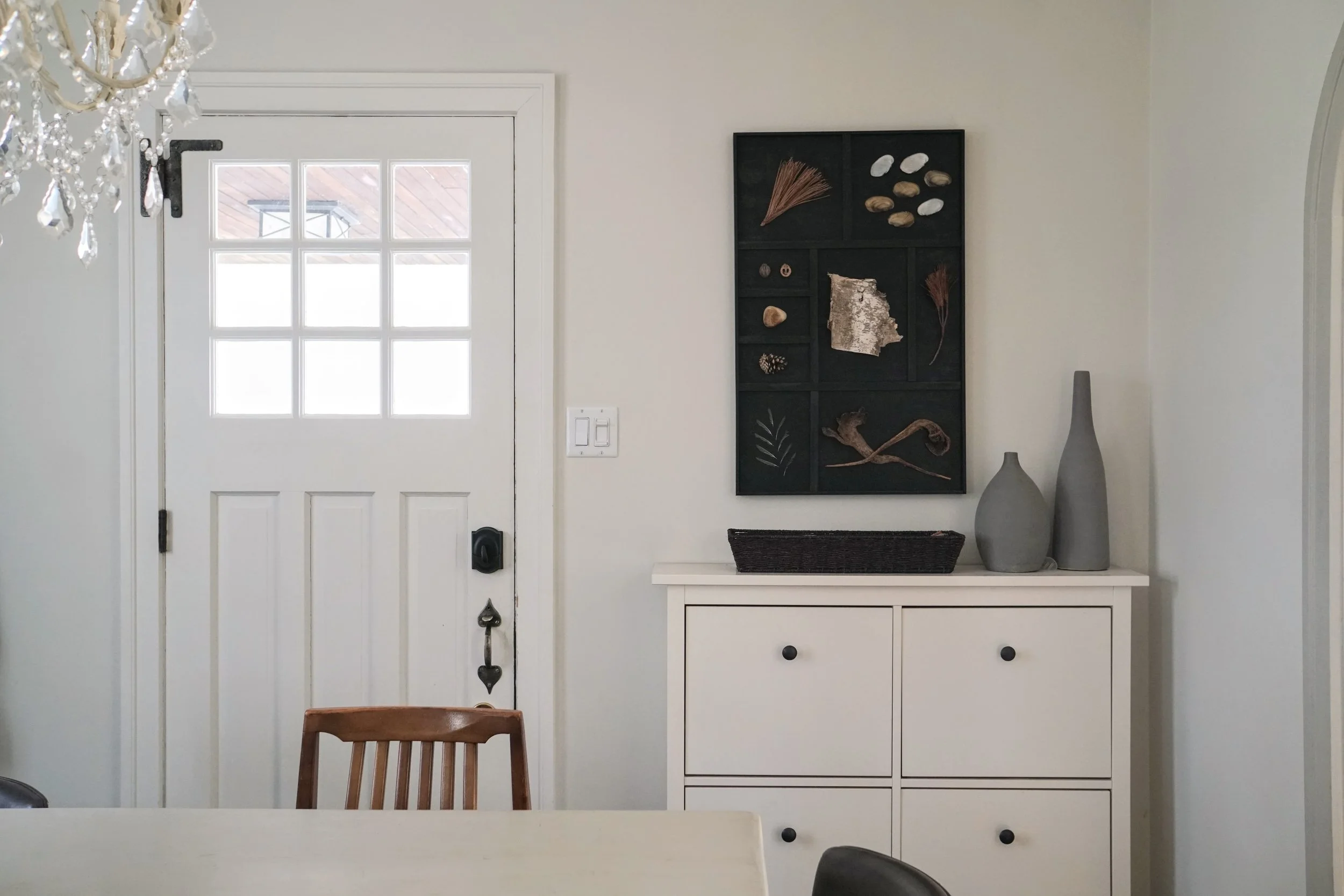 Nature board artwork, entry shoe cabinet dining room - Cheryl Lee Interiors