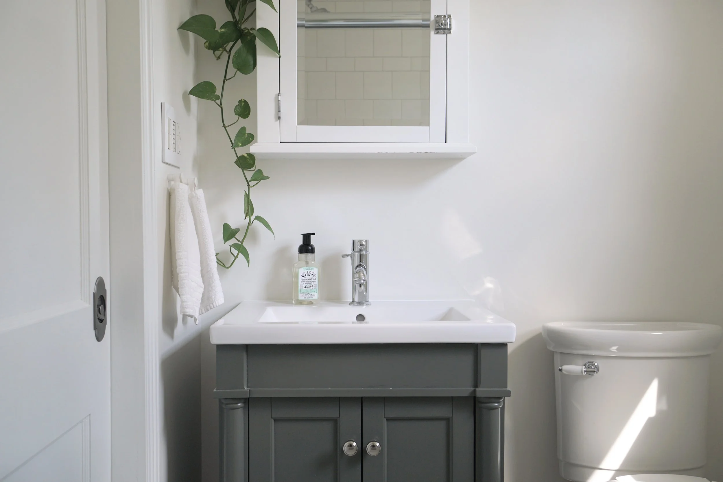 Bathroom marble grey green vanity medicine cabinet, plant - Cheryl Lee Interiors