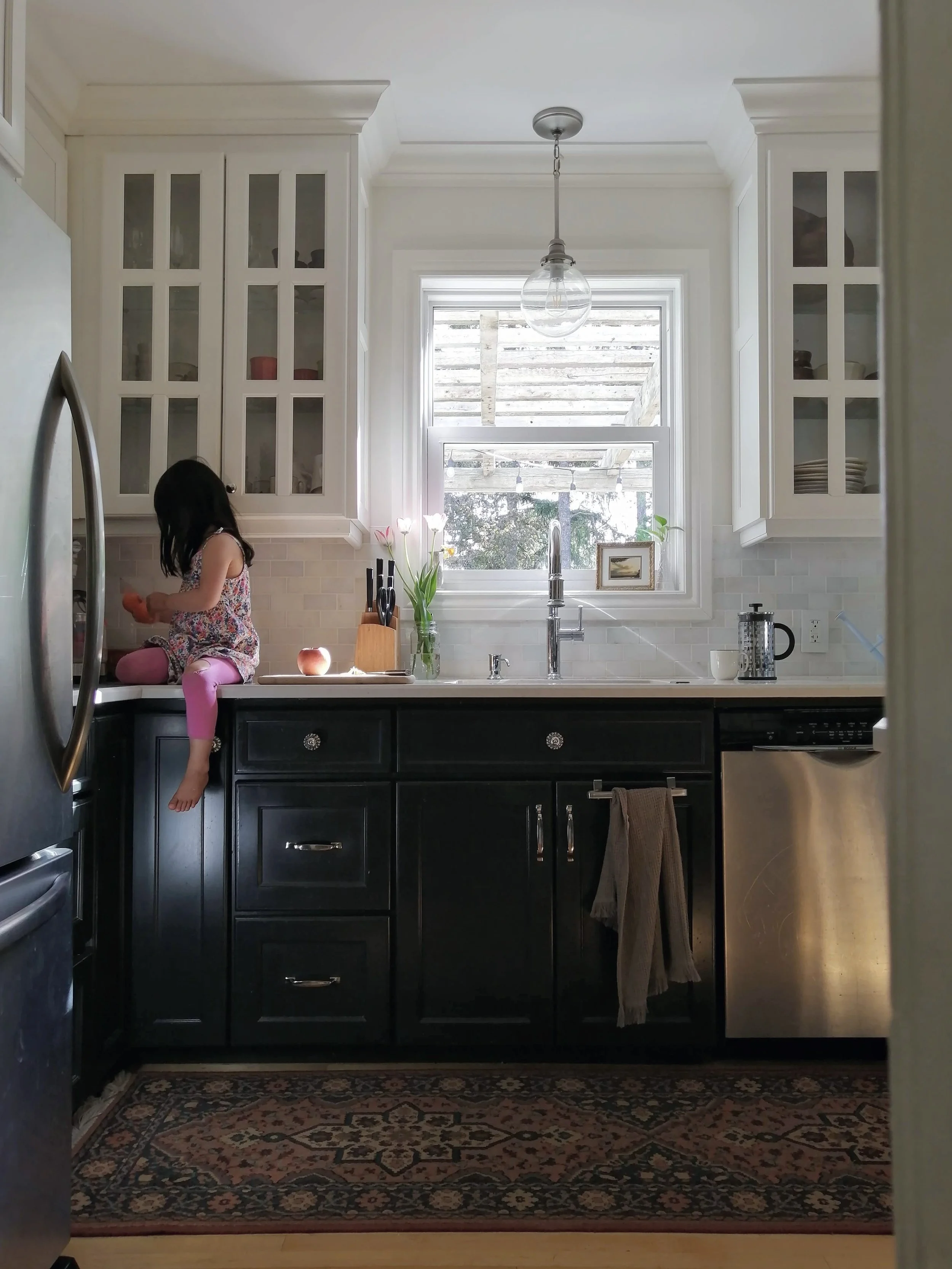 Two tone kitchen cabinets dark midnight green blue black base and dove white upper - Cheryl Lee Interiors