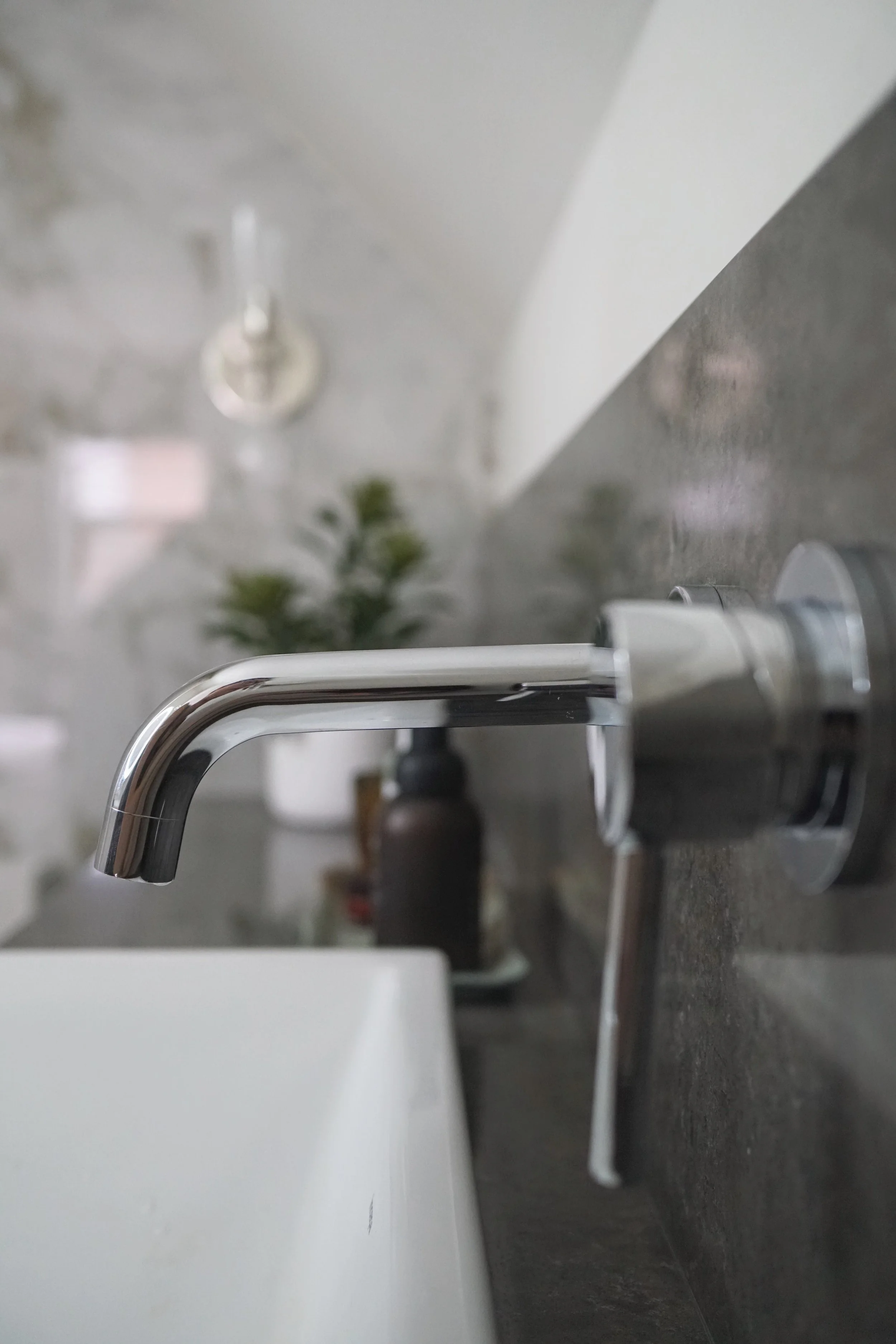Small space custom washroom bathroom vanity, wall mount sink faucet - Cheryl Lee Interiors