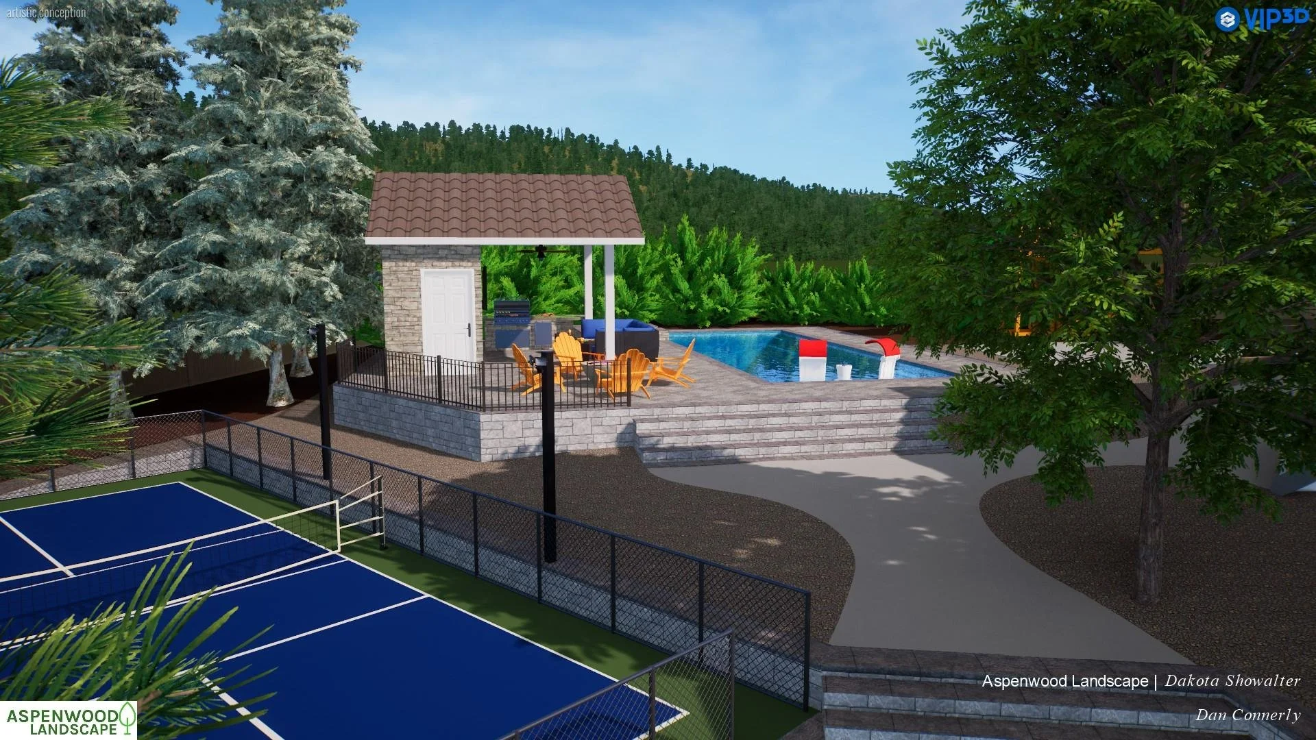 Backyard patio with outdoor furniture, fire pit, pergola, grill, and landscaped flower beds with pink, purple, and white flowers.