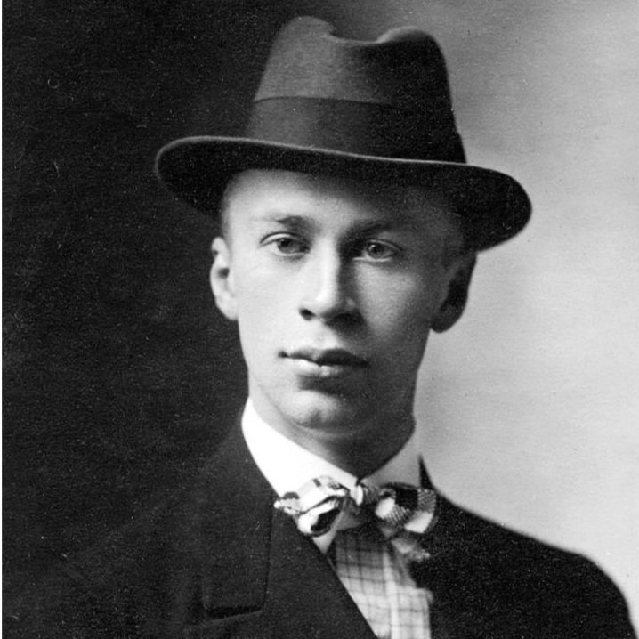 Vintage black and white photograph of composer Sergei Prokofiev.