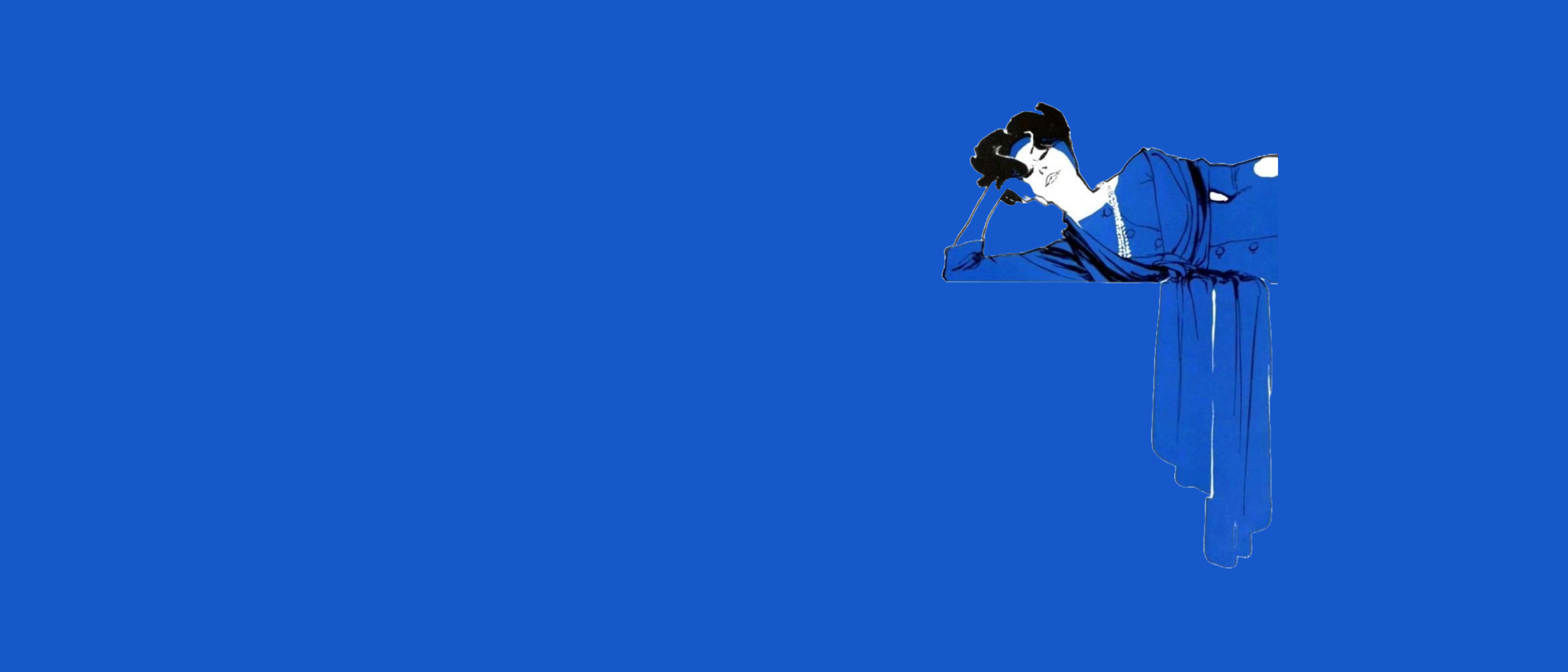 Illustration of a person leaning on a blue surface, against a blue background. The person has short hair and is wearing a blue robe or dress with a necklace.