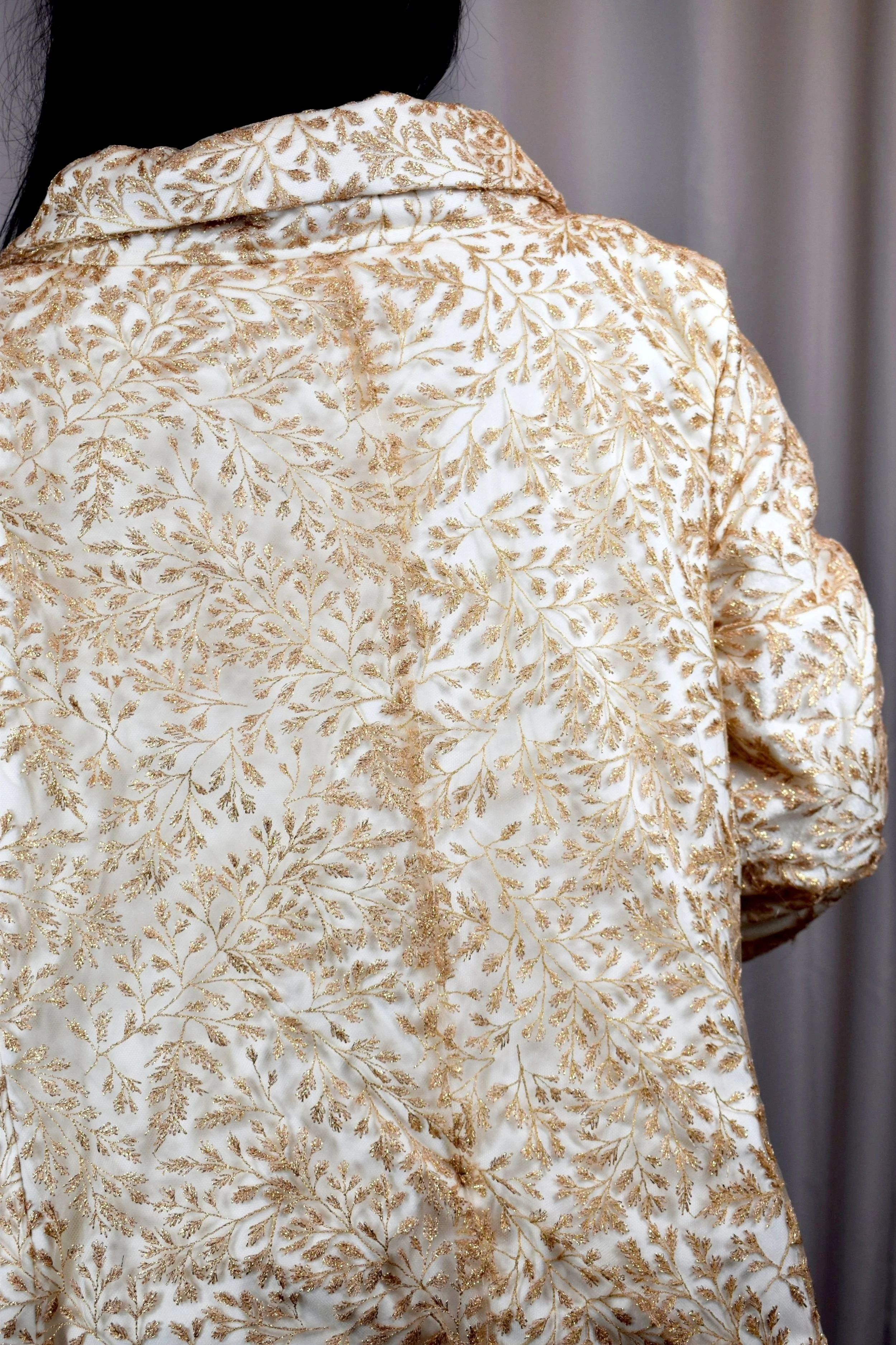 soft gold embroidery jacket with white clear buttons delicate modest design
