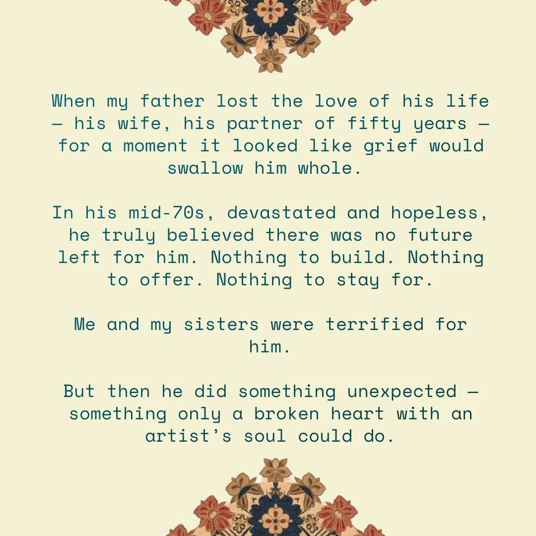 My father recently sent me a boxful of the most remarkable handmade bags. 

Each one carries pieces of him &mdash; his grief, his imagination, his quiet way of turning pain into something beautiful.

I wanted to share the story of his grief and its t
