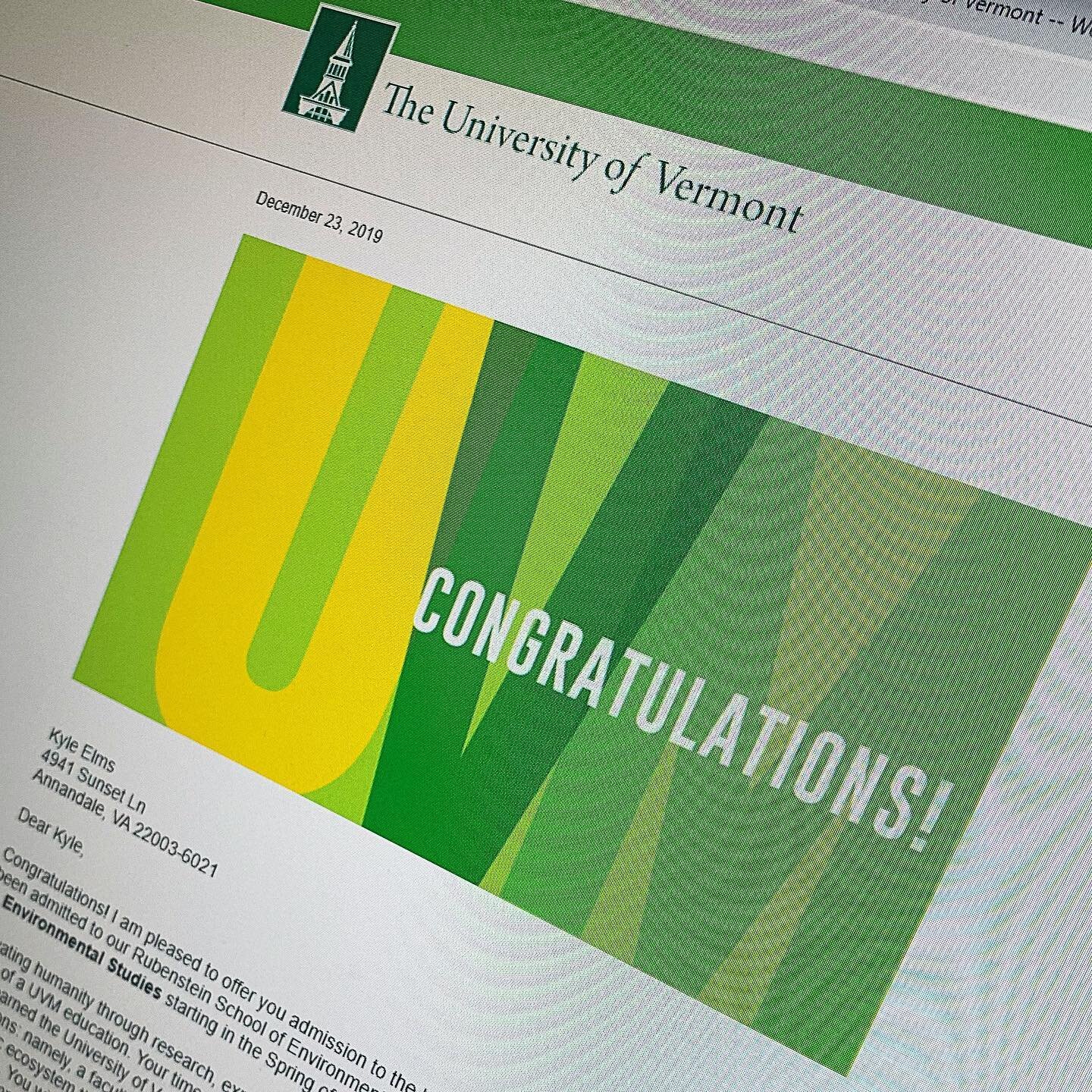 He did it! Kyle was accepted into the Environmental Studies program in the Rubenstein School of Environment &amp; Natural Resources at the University of Vermont for the Spring 2020 semester. He&rsquo;s going to be a Catamount! 🐾

Can&rsquo;t say eno