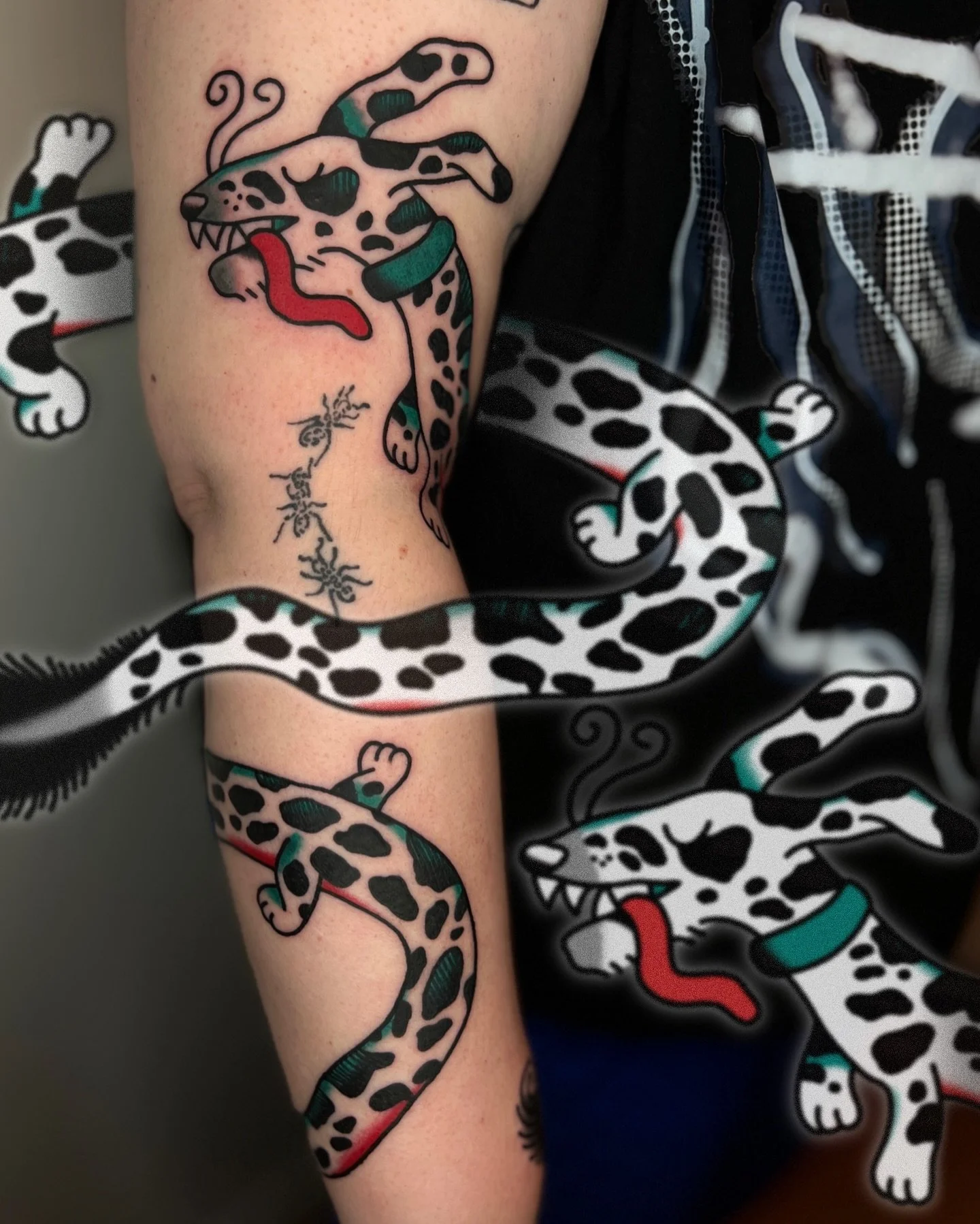 custom wrapping &quot;worm dog&quot;, done in one sitting, design based on my client's own character they came up with! swipe to the end to see their &quot;wurm dog&quot; mural that wraps all the way down their stairs! 🪱 🐕 snoopy finger tatts heale