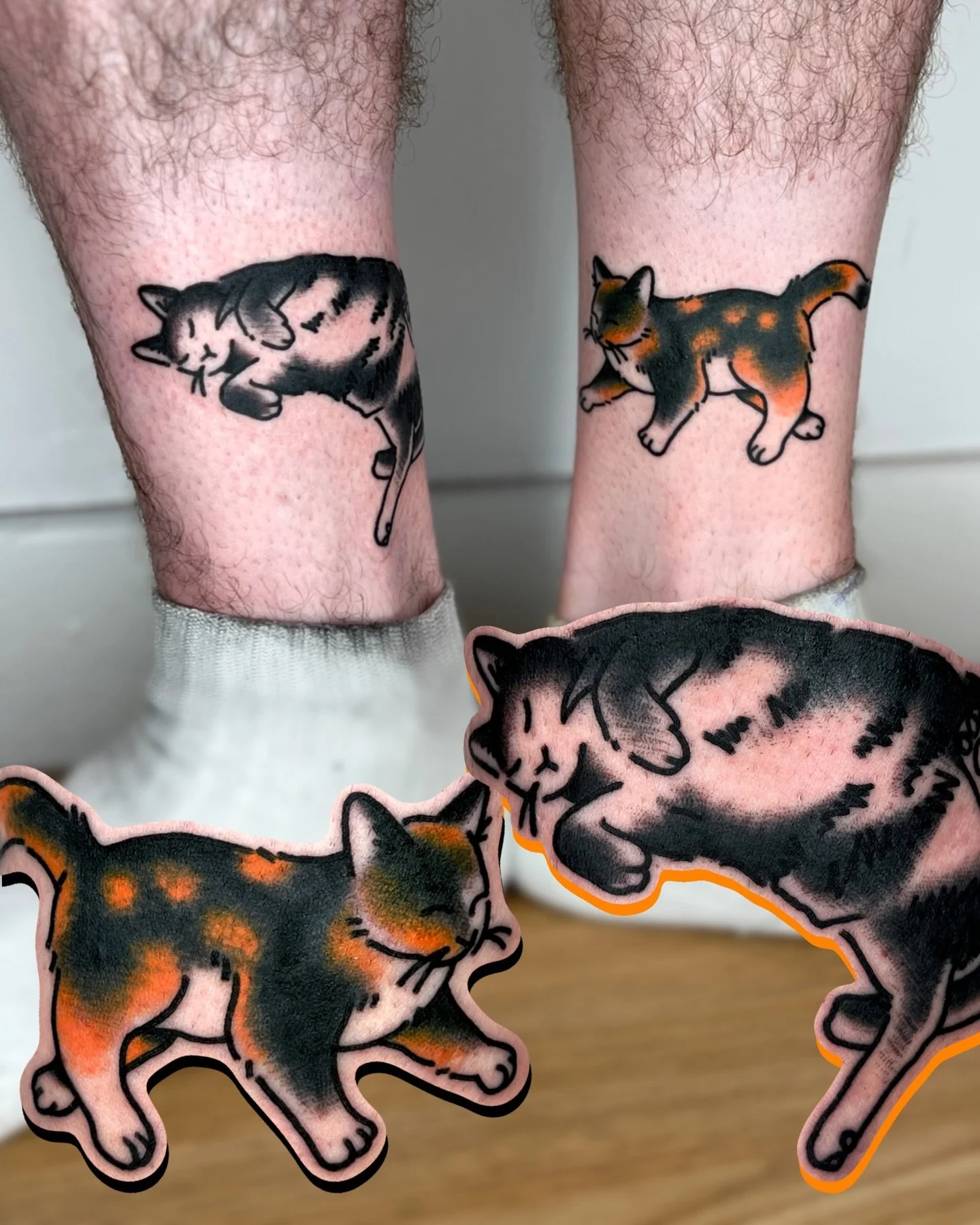a pair of custom cat portraits made a little while ago, i love making your pets into tattoos! 🐈 🐈&zwj;⬛ 

check out my store @loverat.store 🏬 im having a big 15% OFF SALE atm, and just dropped some cool things like my mystery pins!! this is the on