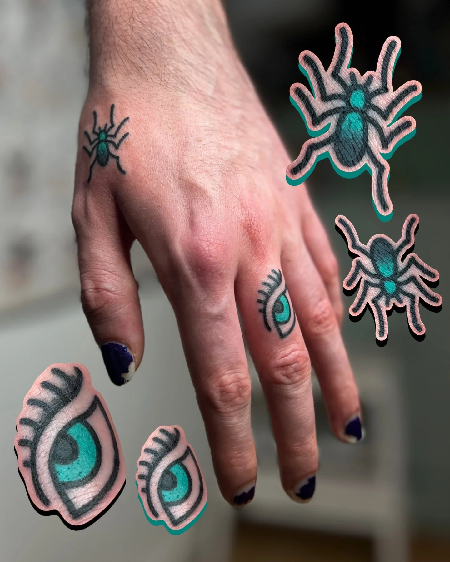 spider and eye hand adornments on regular client james, thank you! 👁️ 🕷️ 

swipe to see more from: 🌹LOVERAT'S FINGER FLASH🌹 

i love decorating your hands and fingers! so many possibilities !! feel free to mix and match!! please be aware that the