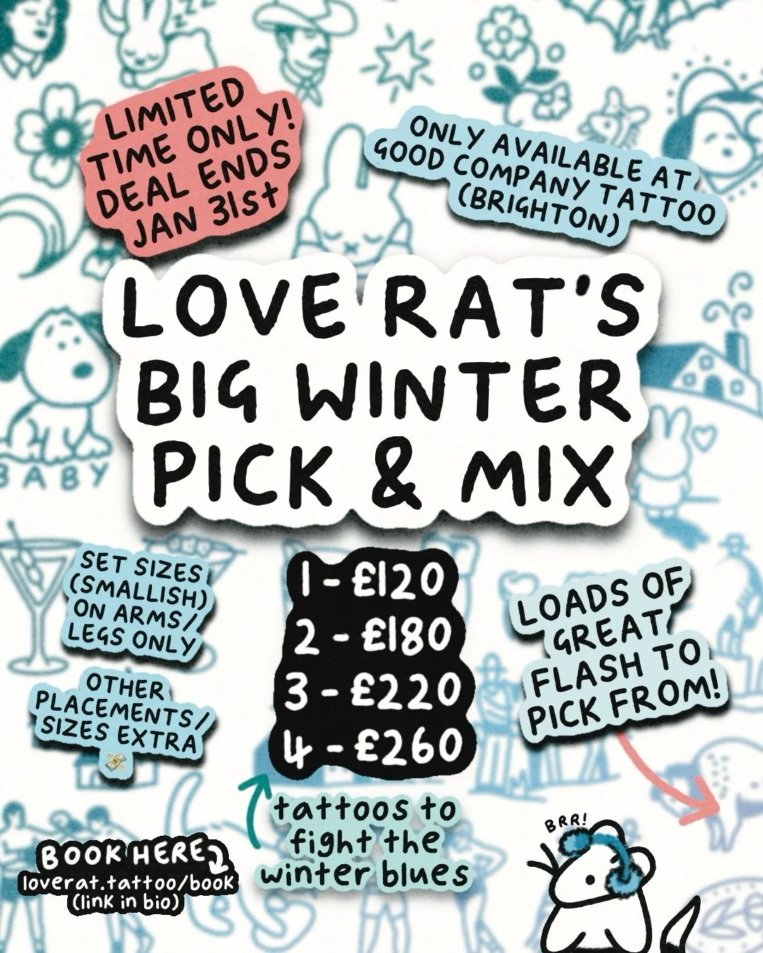 ❄️LOVE RAT'S BIG WINTER PICK N MIX DEAL❄️ 

hello!! it's that time again!! everyone knows (if you didn't know you do!) that winter is great for healing tattoos 🐕❤️ but the colder months are always a little tighter for clients and tattooers alike, so