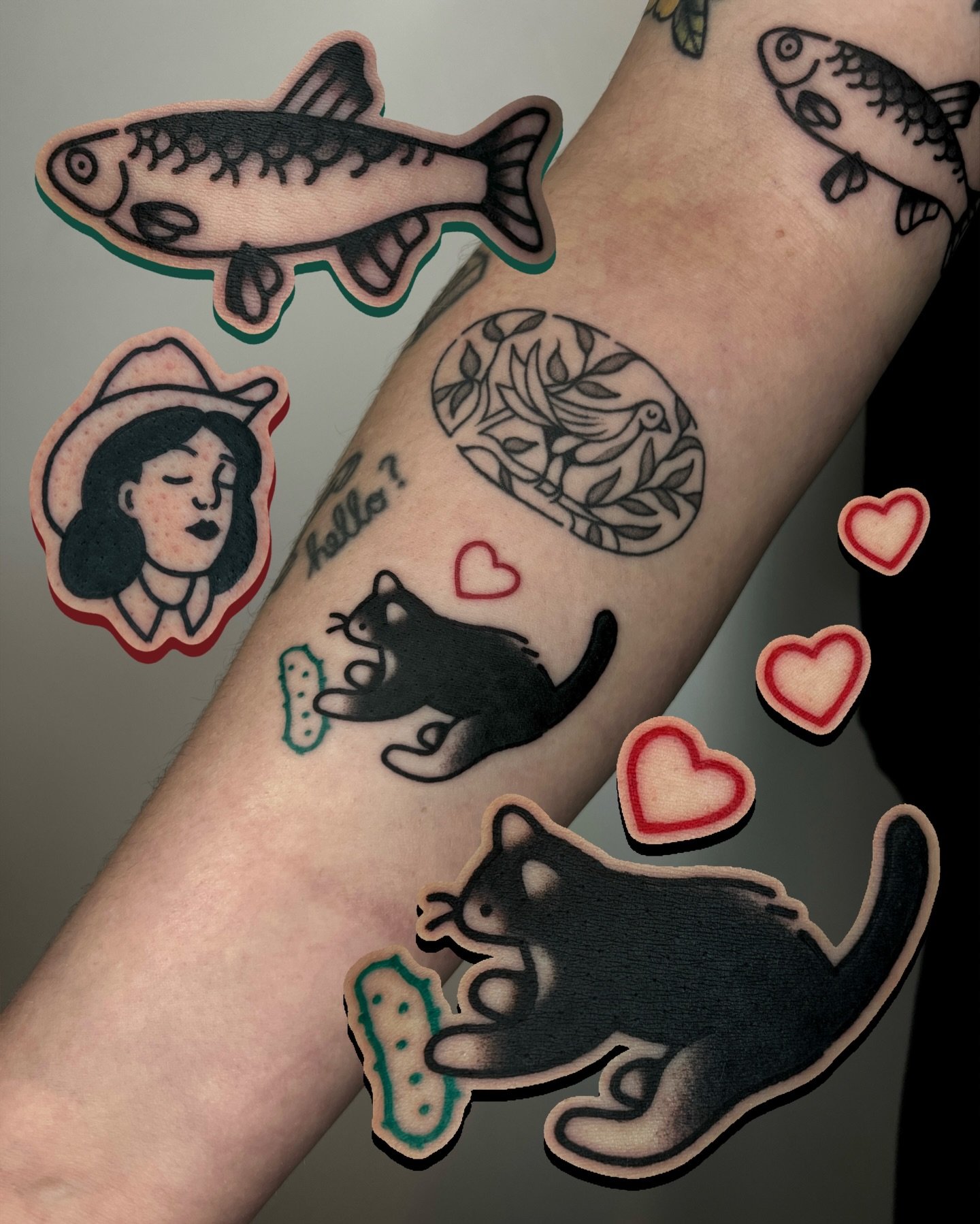 little cat holding a pickle, fish, BYO cowgirl and some clowns! 🥒 🐟 🤠 🤡 made in one fun session 🌟 

my books are OPEN @goodcompany.tattoo (brighton, uk, 1 hour from london) 🏡 only couple spaces left before holidays!! 

if you see something you 