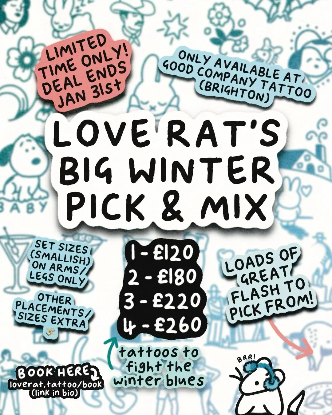 ❄️LOVE RAT'S BIG WINTER PICK N MIX DEAL❄️ 

hello!! it's that time again!! everyone knows (if you didn't know you do!) that winter is great for healing tattoos 🐕❤️ but the colder months are always a little tighter for clients and tattooers alike, so