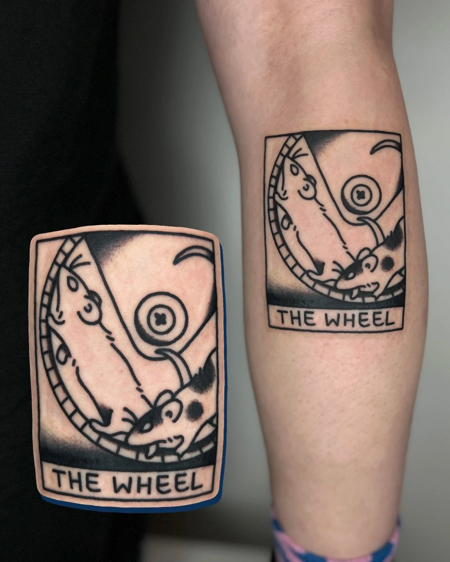 THE WHEEL 🐀 🛞 little custom spin (get it) on one of my rat tarot cards, swipe to see more of that flash! leave your suggestions on which card I should rattify next! 🌟 

i work in BRIGHTON @goodcompany.tattoo and my books are open! 

to BOOK A TATT