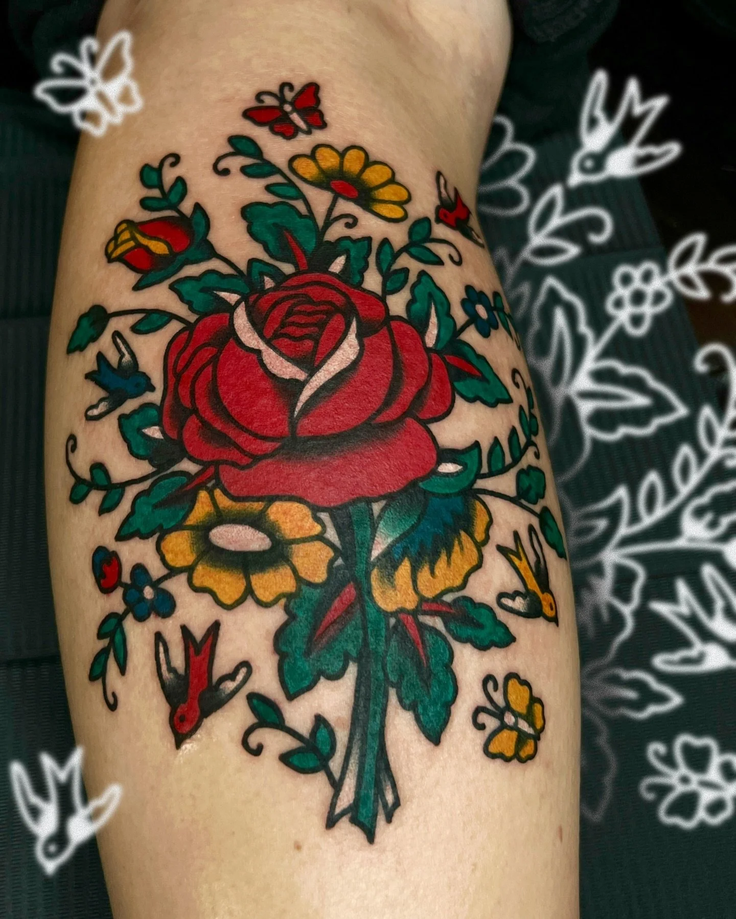was a big honour to be able to tattoo this big colour piece from my flash that Ive been wanting to do for ages! based on one of my favourite flash pieces of all time by Bert Grimm. always a treat to be trusted with traditional work, more like this ve