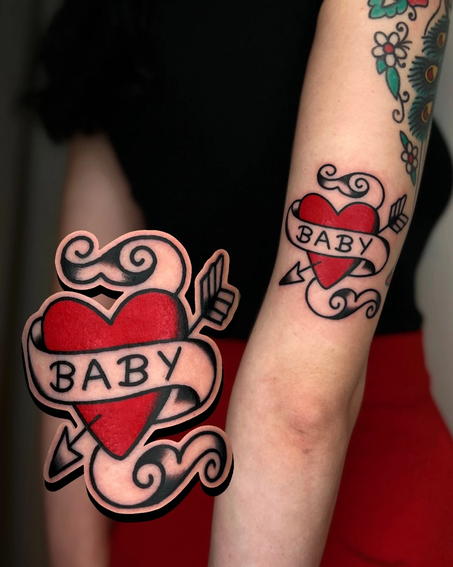 bold and timeless piece for my baby @scarlettpoppyy 🐰 when we originally did our vintage style tattoo shoot (image 2), I placed this stencil on as a prop, Scarlett liked it so much we did it for real! it can be seen (healed) in our following photobo