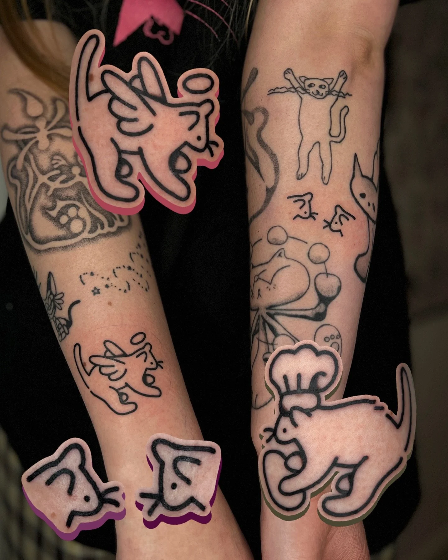 angel cat and chef cat, picked from my "BUILD YOUR OWN CAT" flash sheet, as well as two kitty faces 🐱 added to a groovy pair of cat themed sleeves, thanks for letting me add to this lovely collection! 🐈 

i work in BRIGHTON @goodcompany.t