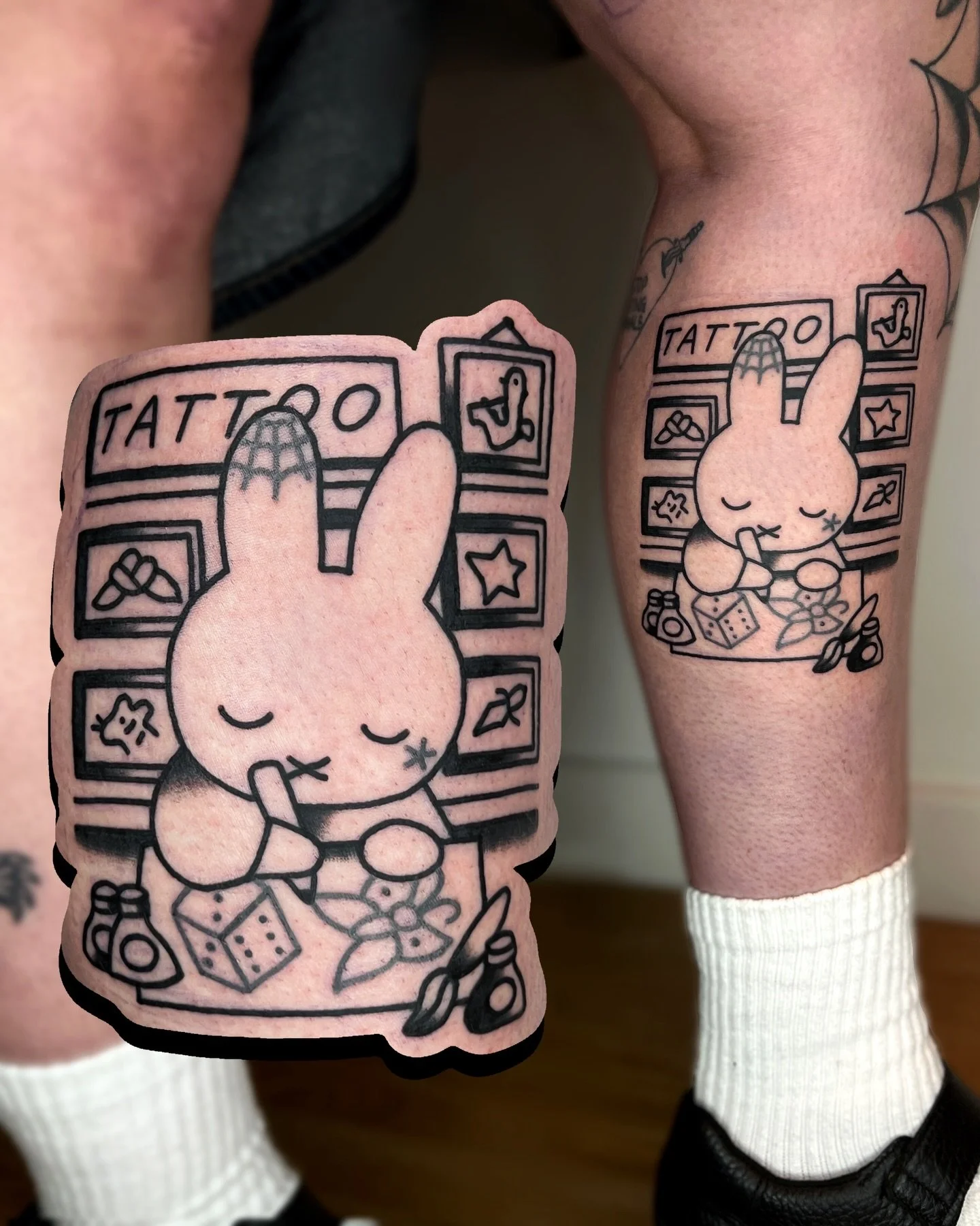 self portrait as a familiar rabbit 🐰 ✍️ swipe to see more flash from this series 🌟 

i work in BRIGHTON @goodcompany.tattoo and my books are open! 

catch me at @brightontattoocon at the end of this month for tattoos and merch !! 

to BOOK A TATTOO