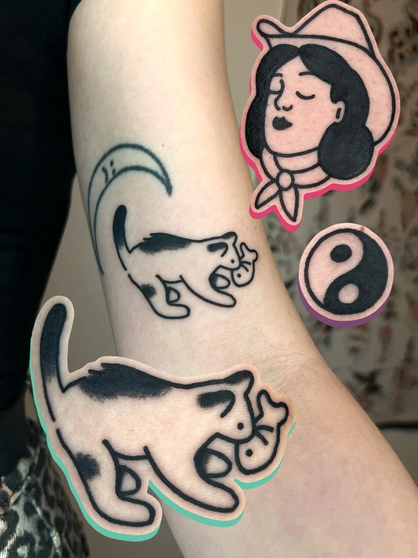 "build your own" cat, classic cowgirl and a little yin yang symbol, made in a fun session for a nice human, thank you!

i work in BRIGHTON @goodcompany.tattoo and my books are open! ⭐️ ill be in BRISTOL in April and have space on the 9th or