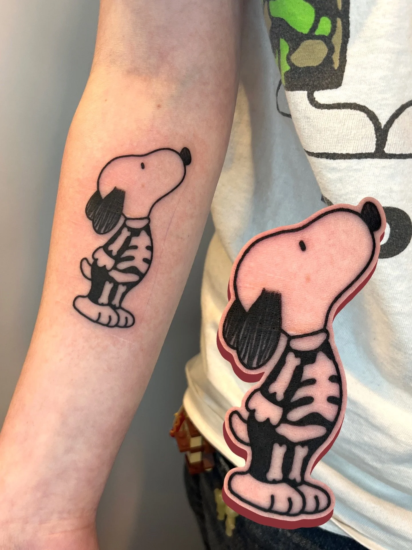 phoebe bridgers x snoopy custom request, along with a couple more music tatts made recently! (last one is healed 🙂&zwj;↕️) 

i work in BRIGHTON @goodcompany.tattoo and my books are open! ⭐️ 

to BOOK A TATTOO or get in touch, use the link in my bio 