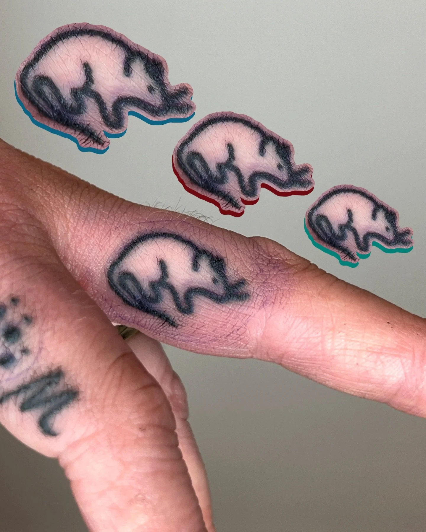 this might be the tiniest tattoo i ever made 🔍 my client had an 'M' and paw print on the inner finger that had fallen out (not done by me) and wanted them put back in! we also added the little mouse to the party on the next finger 🐁  the inner fing