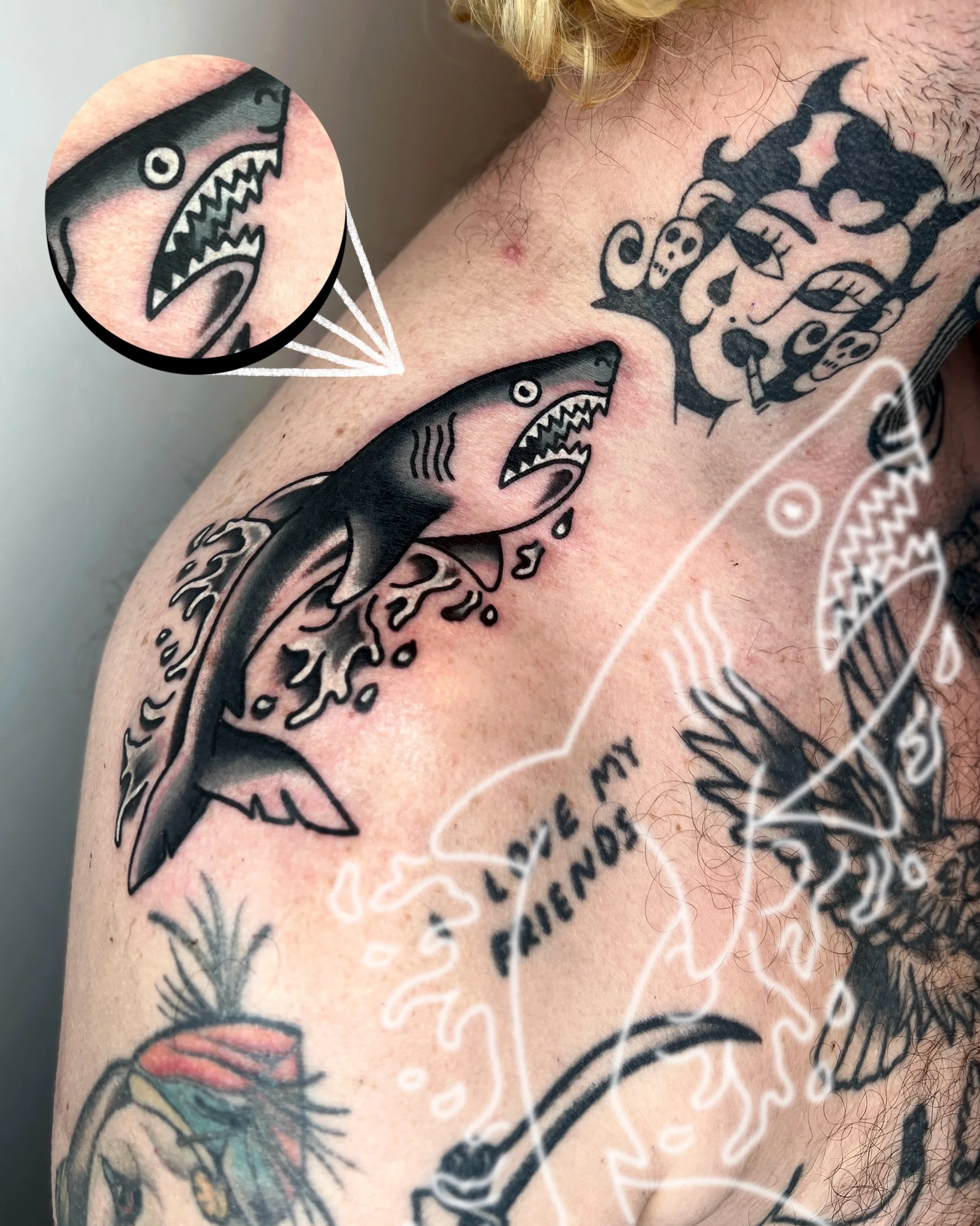 mega tough shark and alligator adornments for shoulders of mighty @jamesbroughton.art 🦈 🐊 so pleased with these, thanks man for sitting so well and for trusting me! 

i work in BRIGHTON @goodcompany.tattoo and my books are open! ⭐️ 

to BOOK A TATT