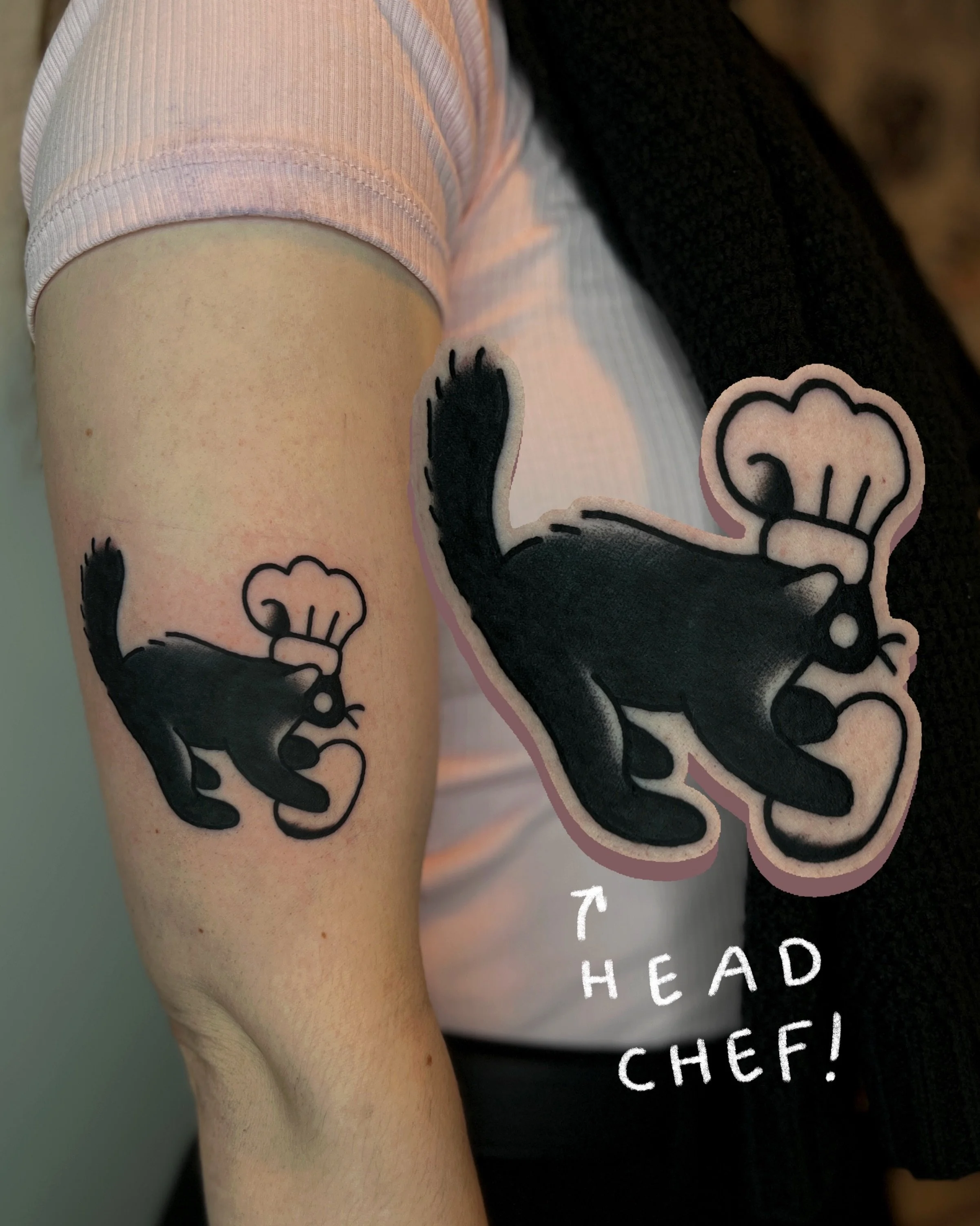 byo head chef cat picked from my BYO cat flash (swipe to see) 🐈&zwj;⬛ 

i work in BRIGHTON @goodcompany.tattoo and my books are open! ⭐️ 

to BOOK A TATTOO use the link in my bio for my website. it has everything you need to get in touch or get quot
