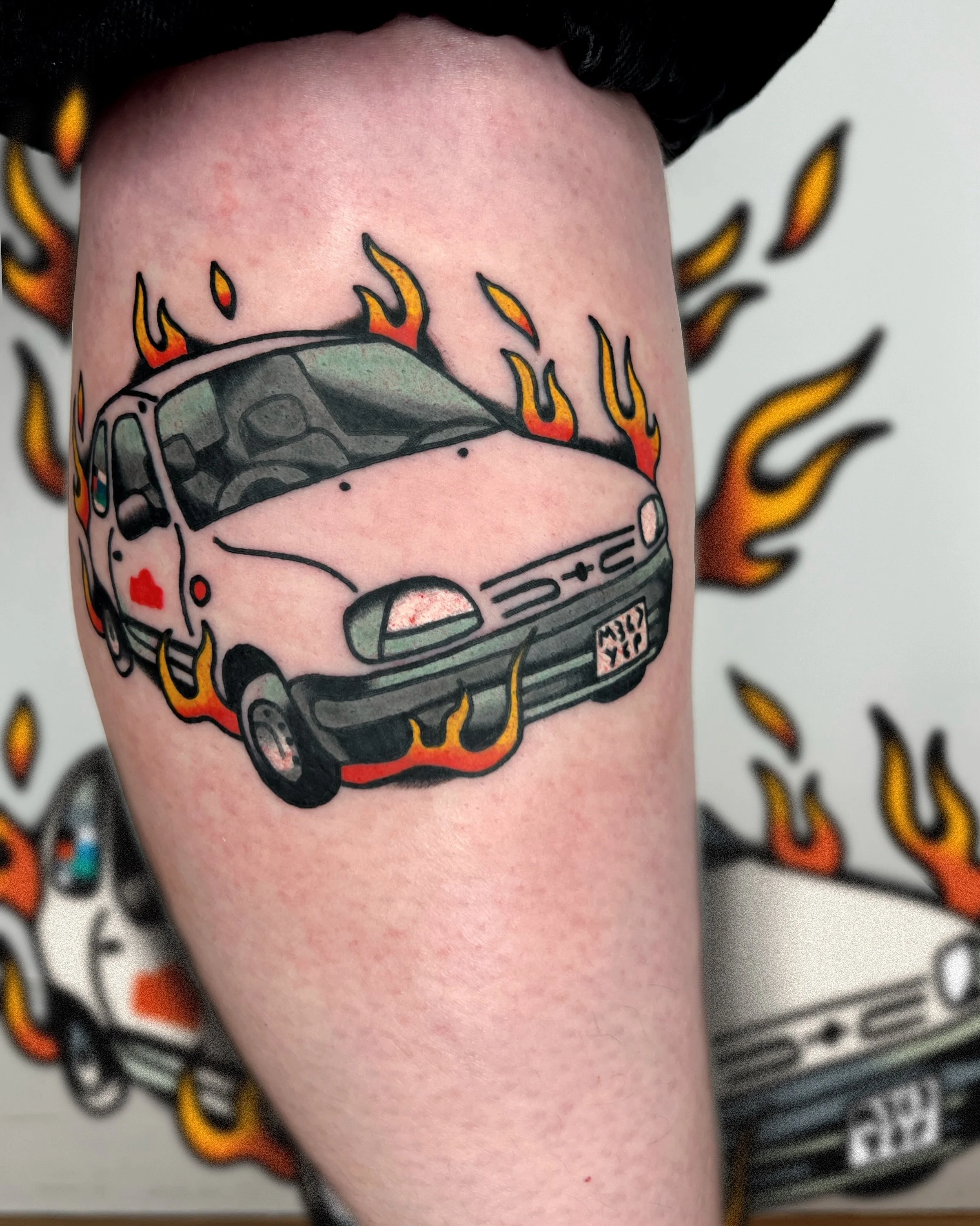 thanks to longtime customer Ells for trusting me with these two custom tattoos! an ode to their old nissan micra and also rats from an OG aardman short 🐀 we added the flames on the day, after a great suggestion to give the old boy a "viking fun