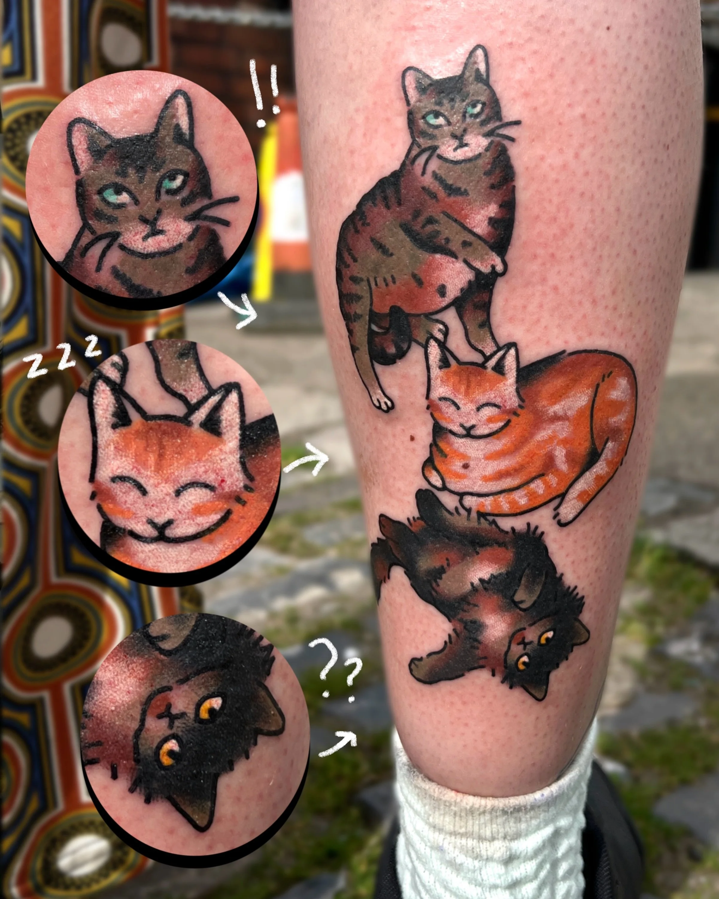 custom colour cat stack made during my guest spot in Bristol! thanks to my client for the trust and for sitting amazing 🐈 🐈&zwj;⬛ 🐈 

i work in BRIGHTON @goodcompany.tattoo and my books are open! ⭐️ 

to BOOK A TATTOO use the link in my bio for my