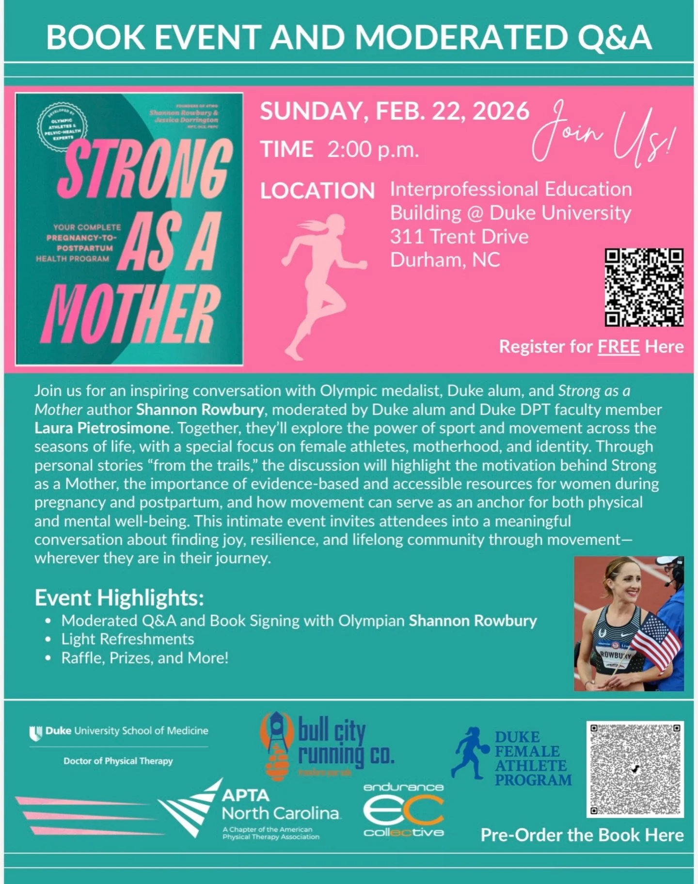 I&rsquo;m excited to return to Duke for a special Strong as a Mother book event and moderated Q&amp;A.

We&rsquo;ll be talking about movement across seasons of life &mdash; from elite sport to pregnancy, postpartum, and identity beyond performance.

