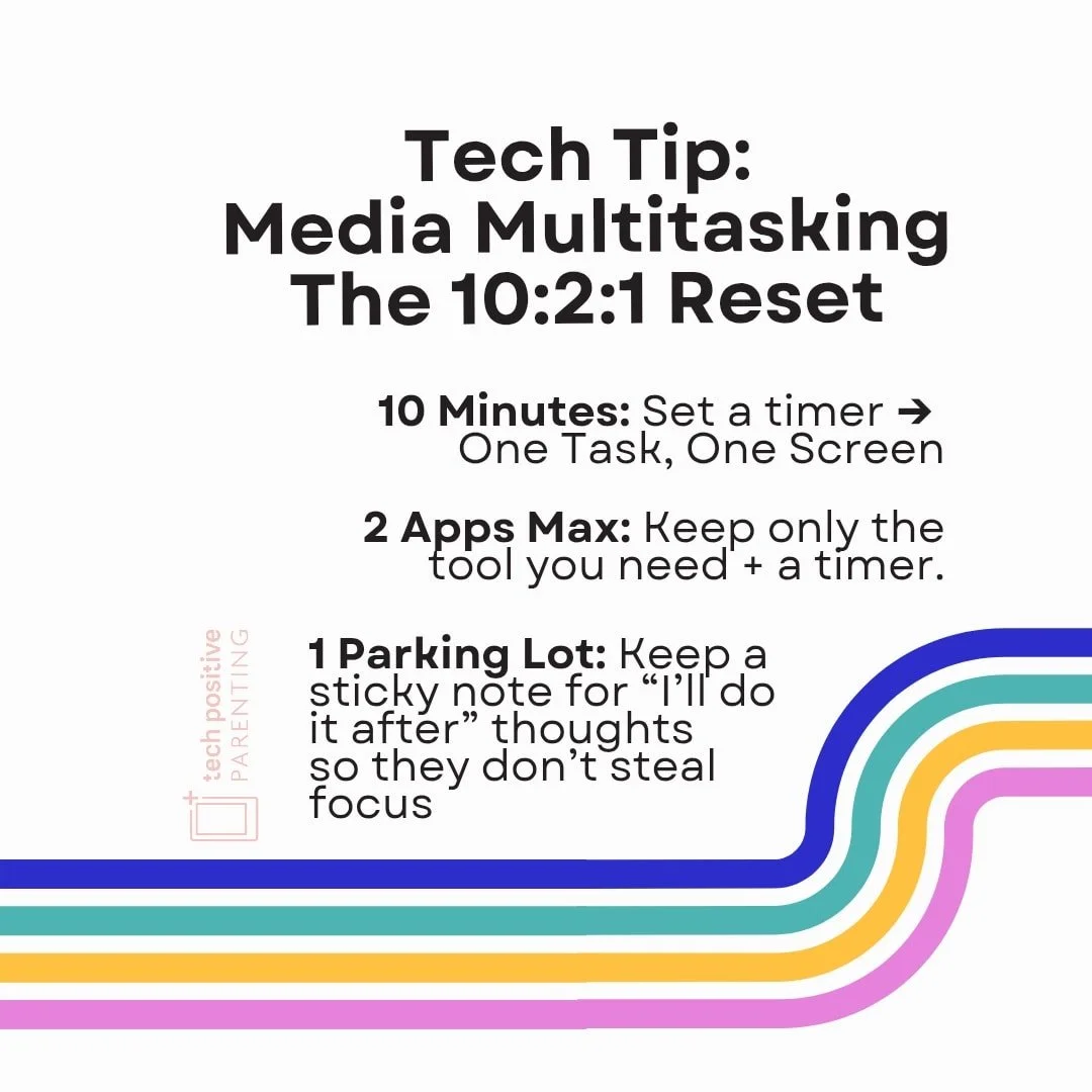 Media Multitasking Tip: The 10&ndash;2&ndash;1 Rule

Want screens to help (not hijack) homework time? Try this simple reset:

10 &rarr; Do the first 10 minutes single-task (no music, no phone). It jump-starts focus.
2 &rarr; Keep 2 tabs/apps max open