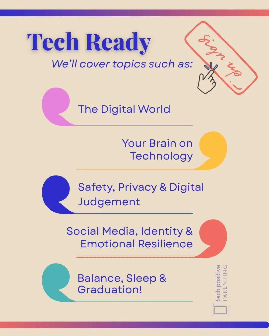 There is a lot more to getting &ldquo;tech ready&rdquo; than deciding what age to hand over a phone.

In Tech Ready, we walk families through the conversations and skills that actually matter:

Week 1: understanding the digital world, what really cha