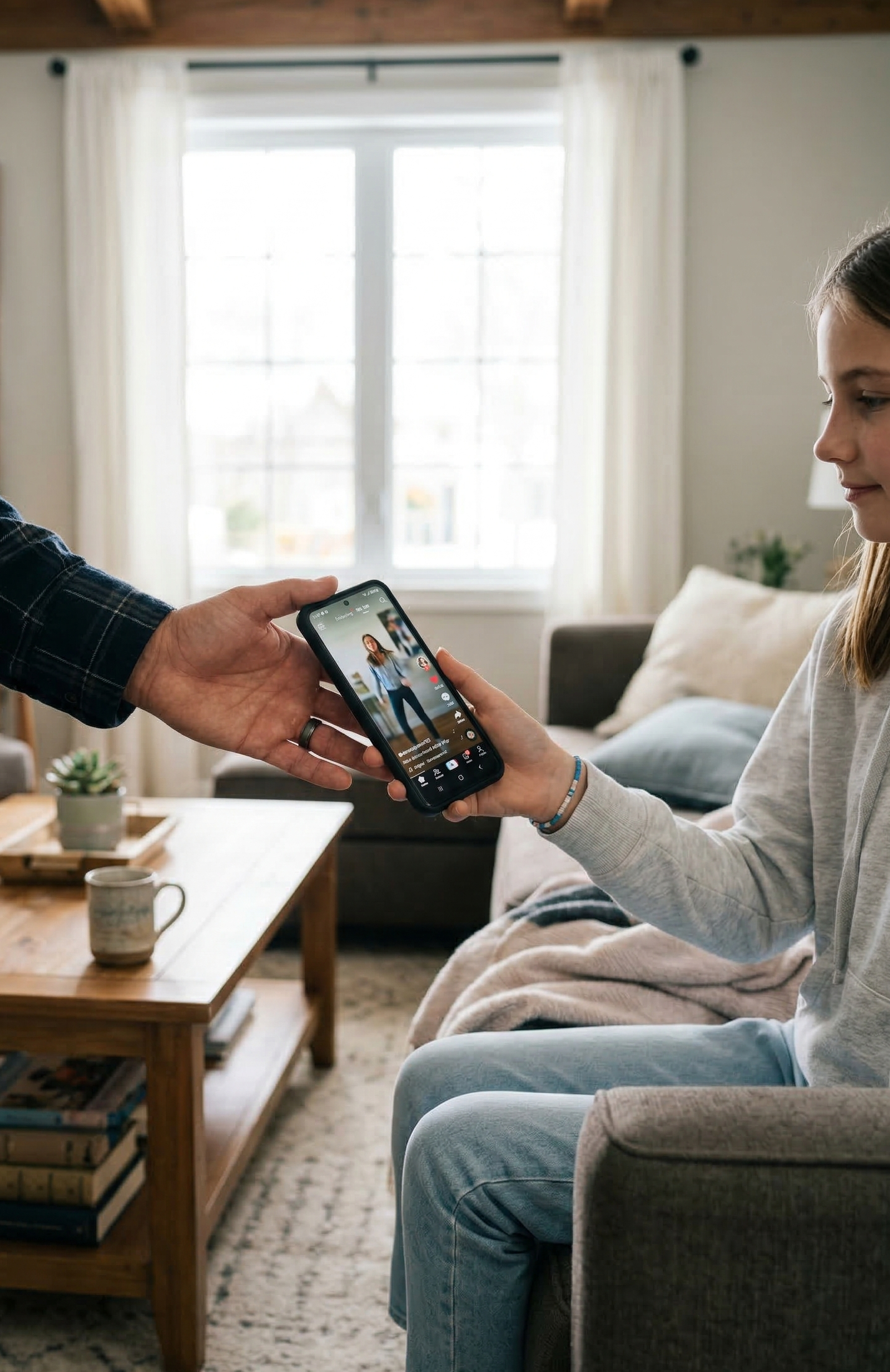 Parent handing child their first phone