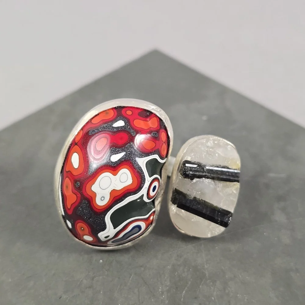 Wraparound Ring with Jeep Fordite and Tourmilated Quartz straight on shot