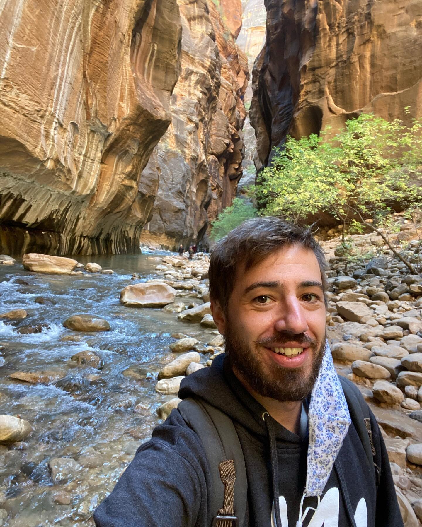 There is a mask strategically hanging off my ear &mdash; this is to give the viewer the impression that my mask is being worn *except for the picture taking time.* Accurate, of course, but that&rsquo;s hardly the point.