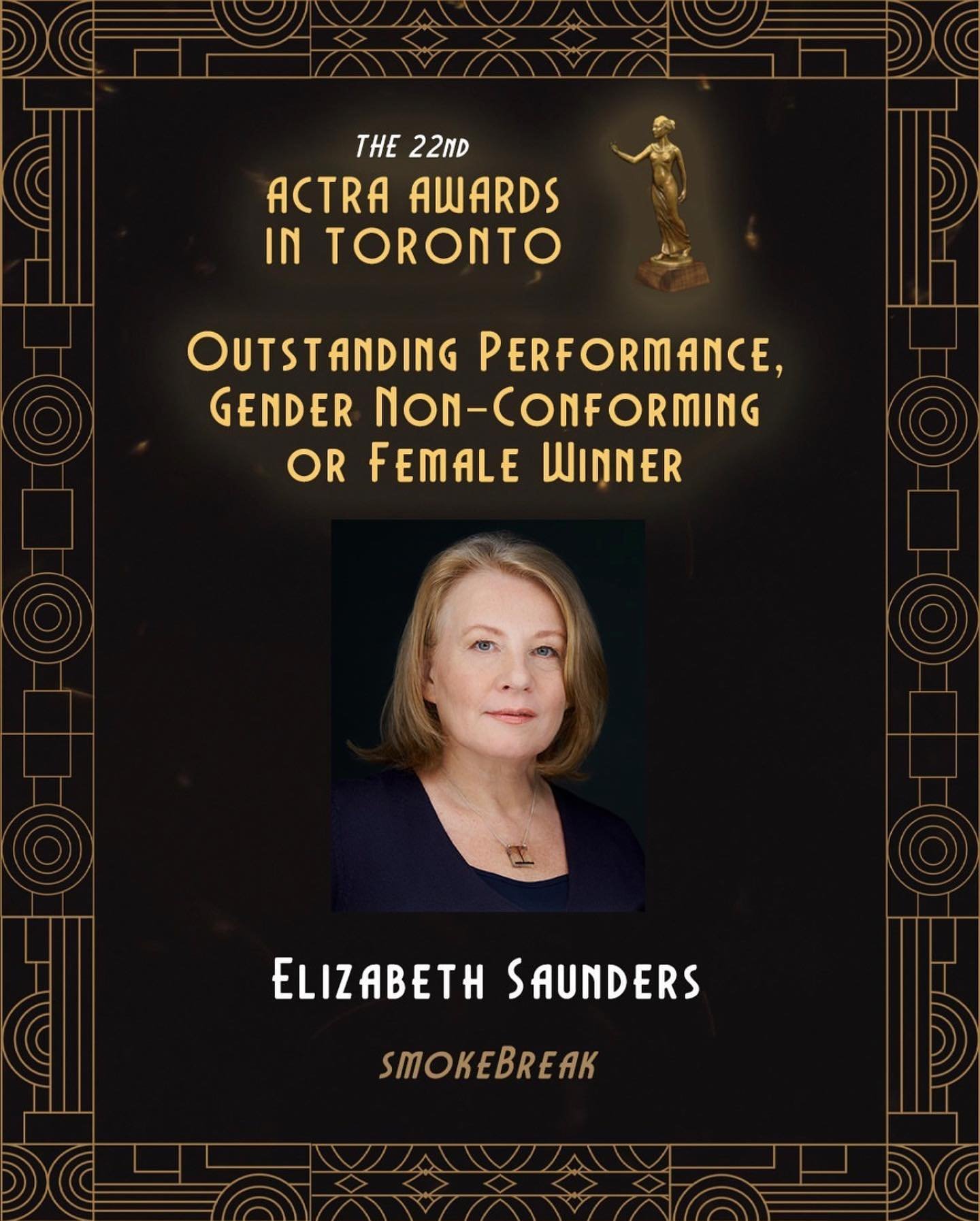 Congratulations to @thislizsaunders for her #ACTRA Award for Outstanding Performance - Gender Non-Conforming or Female  at this year&rsquo;s #ACTRAawards! 

Additional nominees include, @StaceyDepass, @DanChameroy and @DanielKeithMorrison!

#WeAreThe