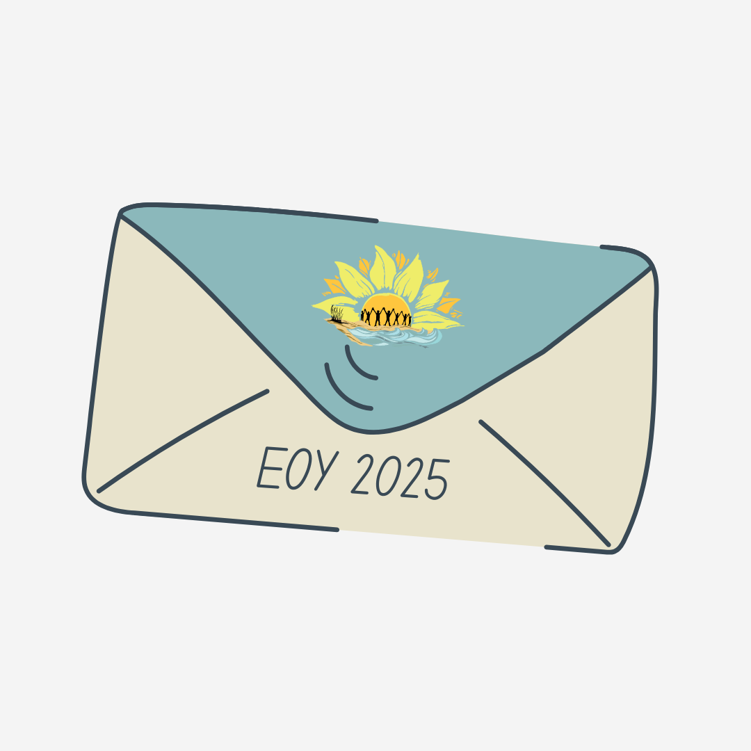 Illustration of an envelope with a sunflower and water drawn on it, and the text 'EOY 2025'.