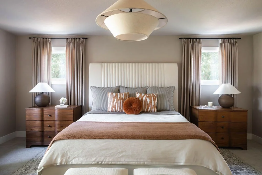 Primary bedroom centered view with a tall upholstered headboard, matching wood nightstands and lamps, layered bedding in warm neutrals, and a sculptural ceiling fixture.