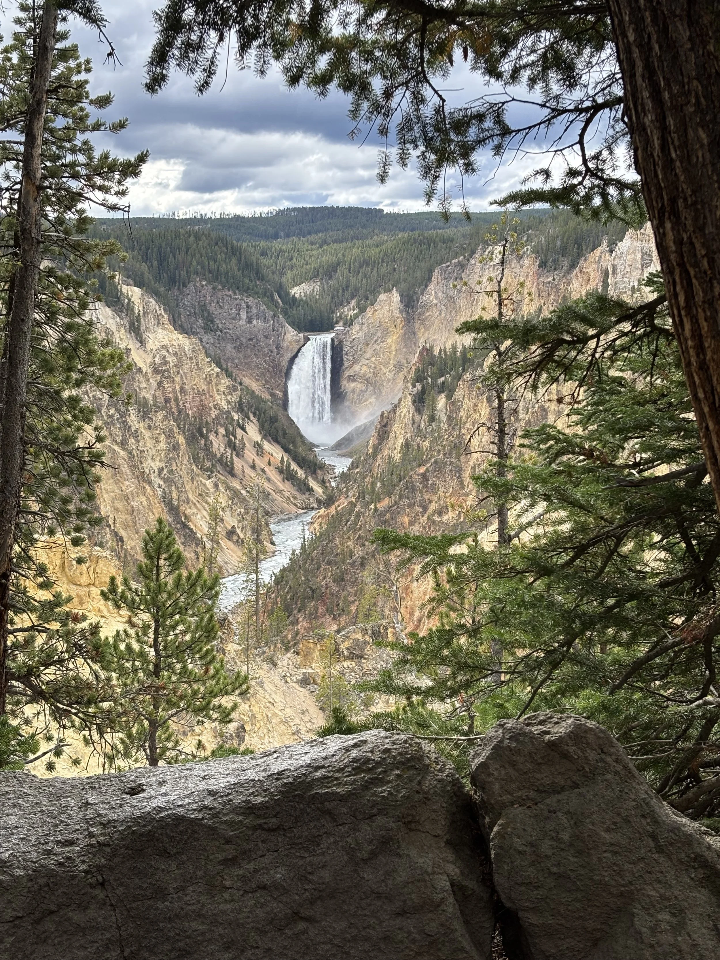 A view of a waterfall cascading down a canyon, framed by trees and rocks in the foreground with a cloudy sky above