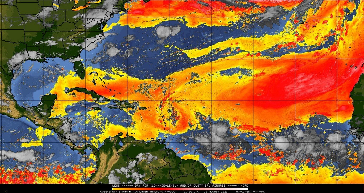 GOES-East Saharan Dust Imagery across North American basin, August 10, 2026