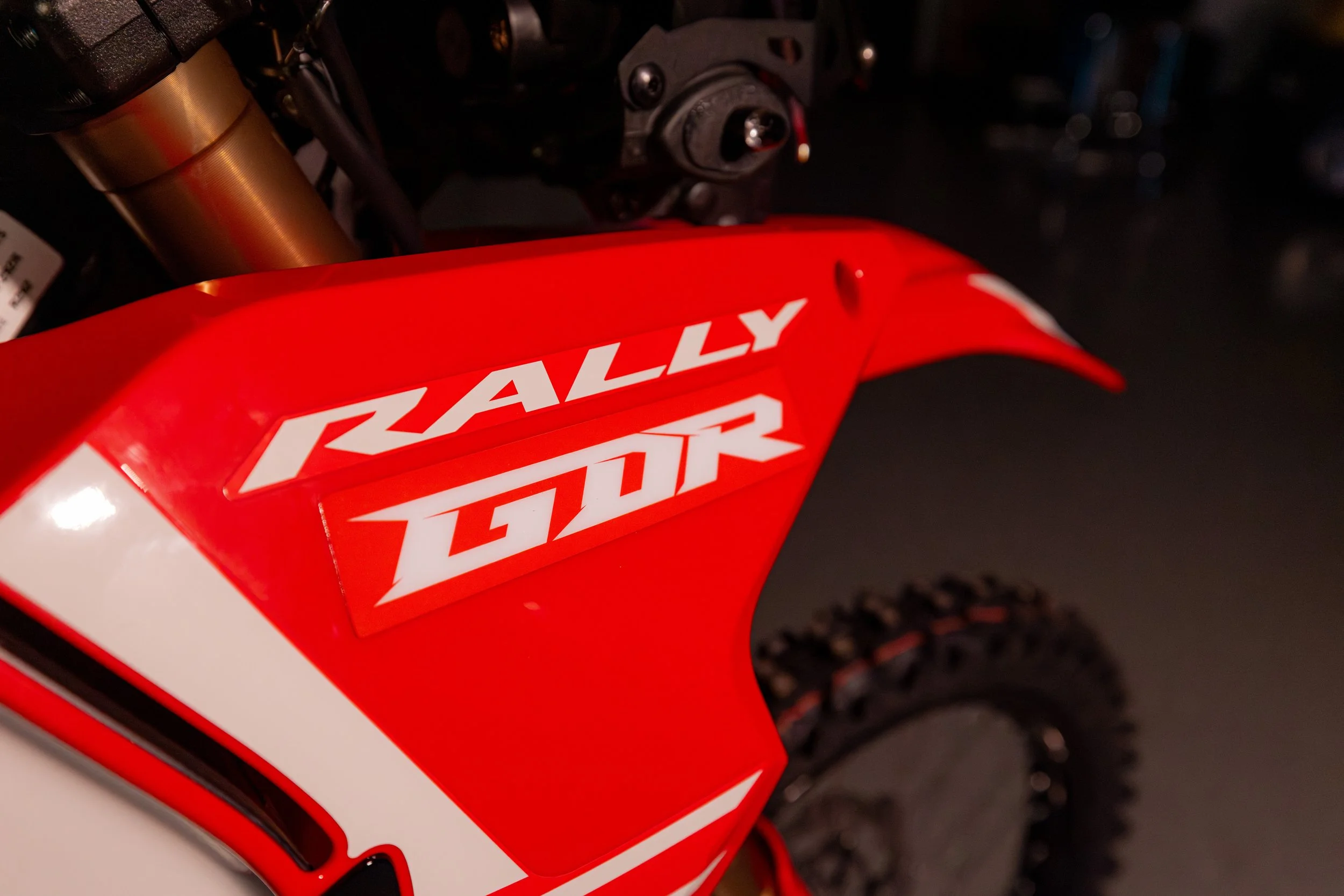 Close-up of a red and white dirt bike with the brand name 'RALLY GOR' on the side panel.