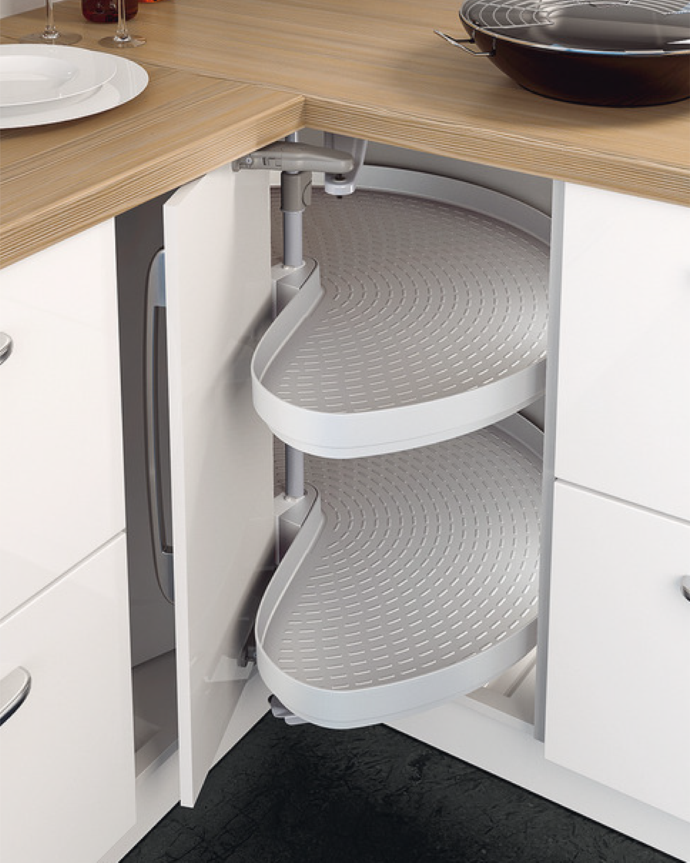 Corner shelf space saver unit in a modular kitchen from Gala Hardware Bangalore