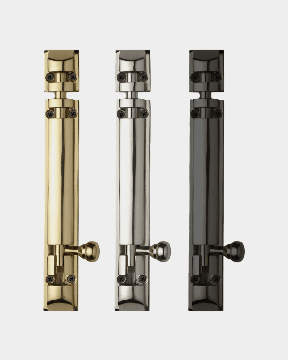 Door hinges in gold, silver and black finishes at Gala Hardware Bangalore