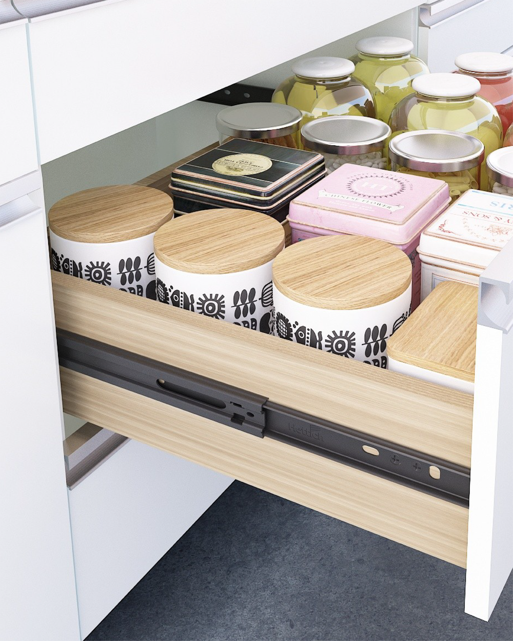 Organised modular kitchen drawer with fittings from Gala Hardware Bangalore
