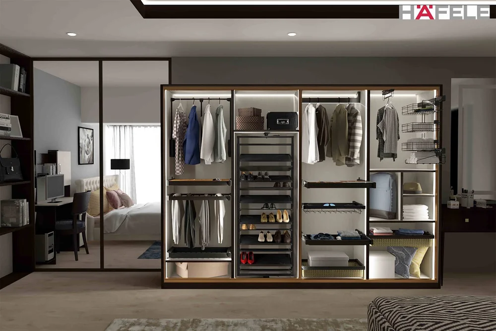 Walk-in wardrobe with organised internal fittings from Gala Hardware Bangalore