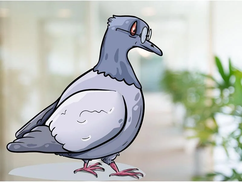 Cartoon pigeon wearing glasses, standing inside a modern office setting.